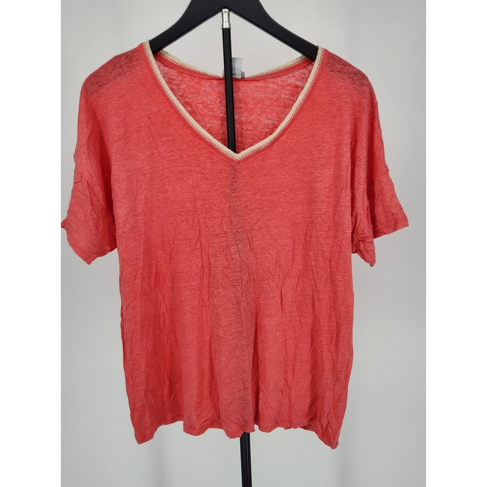 Chicos Linen V-Neck Top Coral Red Gold Metallic Trim Short Sleeve Size 2 Large